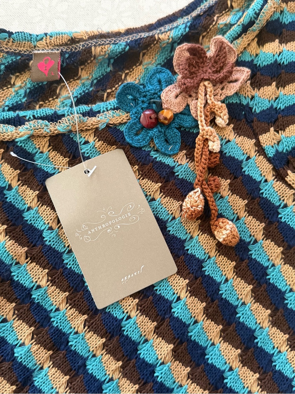 Anthropologie Blue/Brown Diagonal Stripe Crochet Knit Top, L (NWT) — Runs Small - Picture 2 of 9